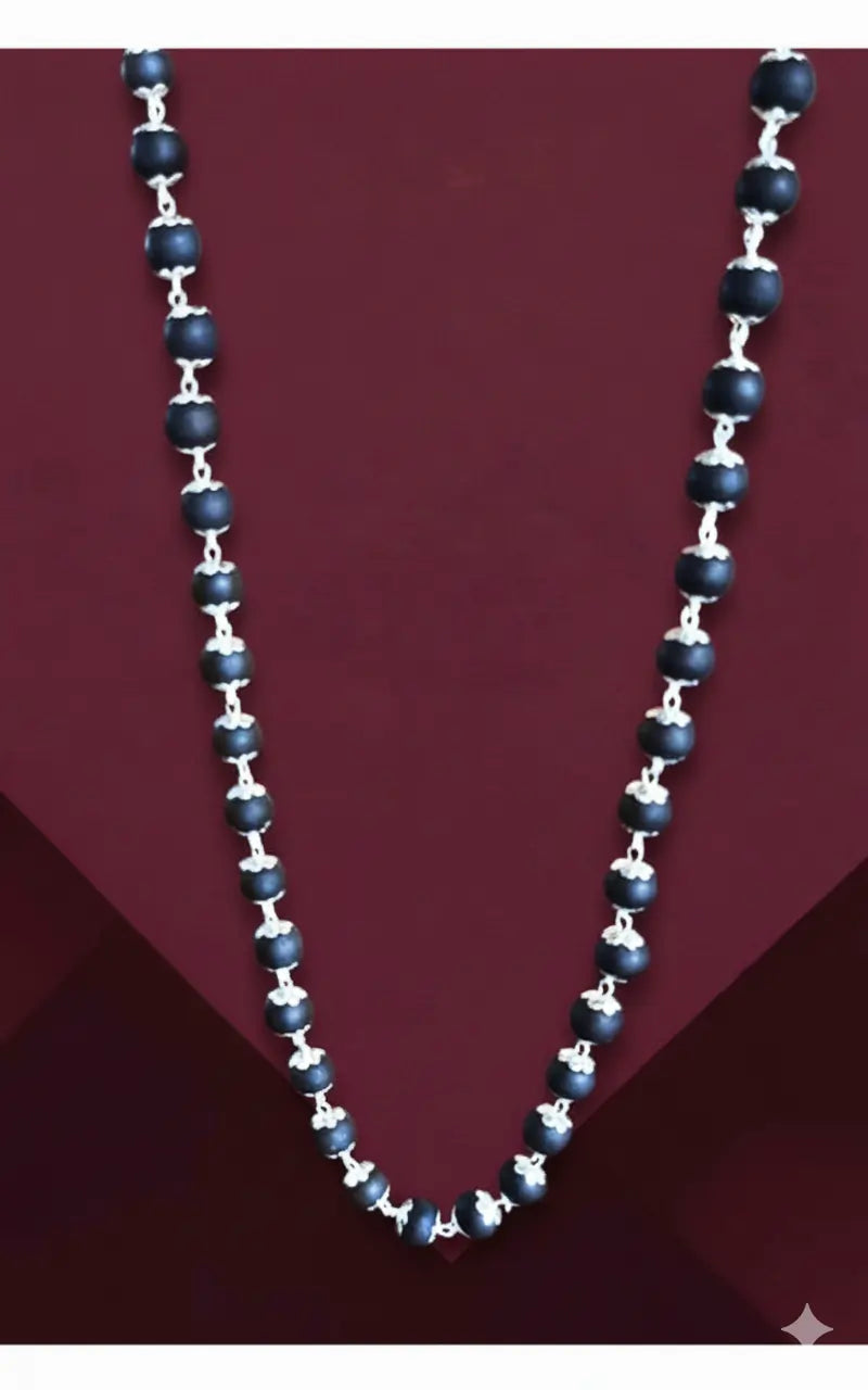 Natural Ebony (Karungali) Mala Necklace with Silver Plating