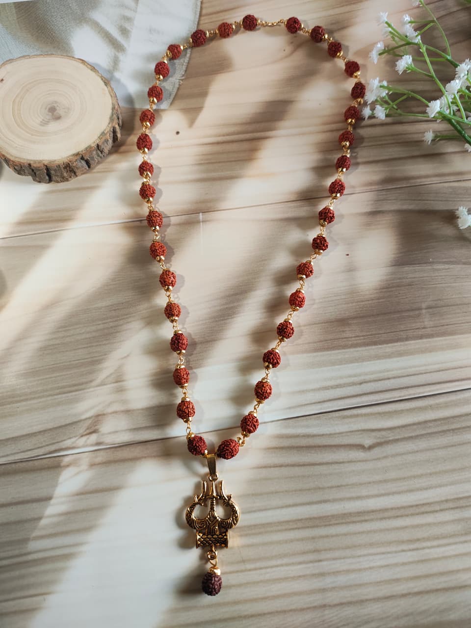 Gold-Plated Rudraksha Trishul with Damru Necklace
