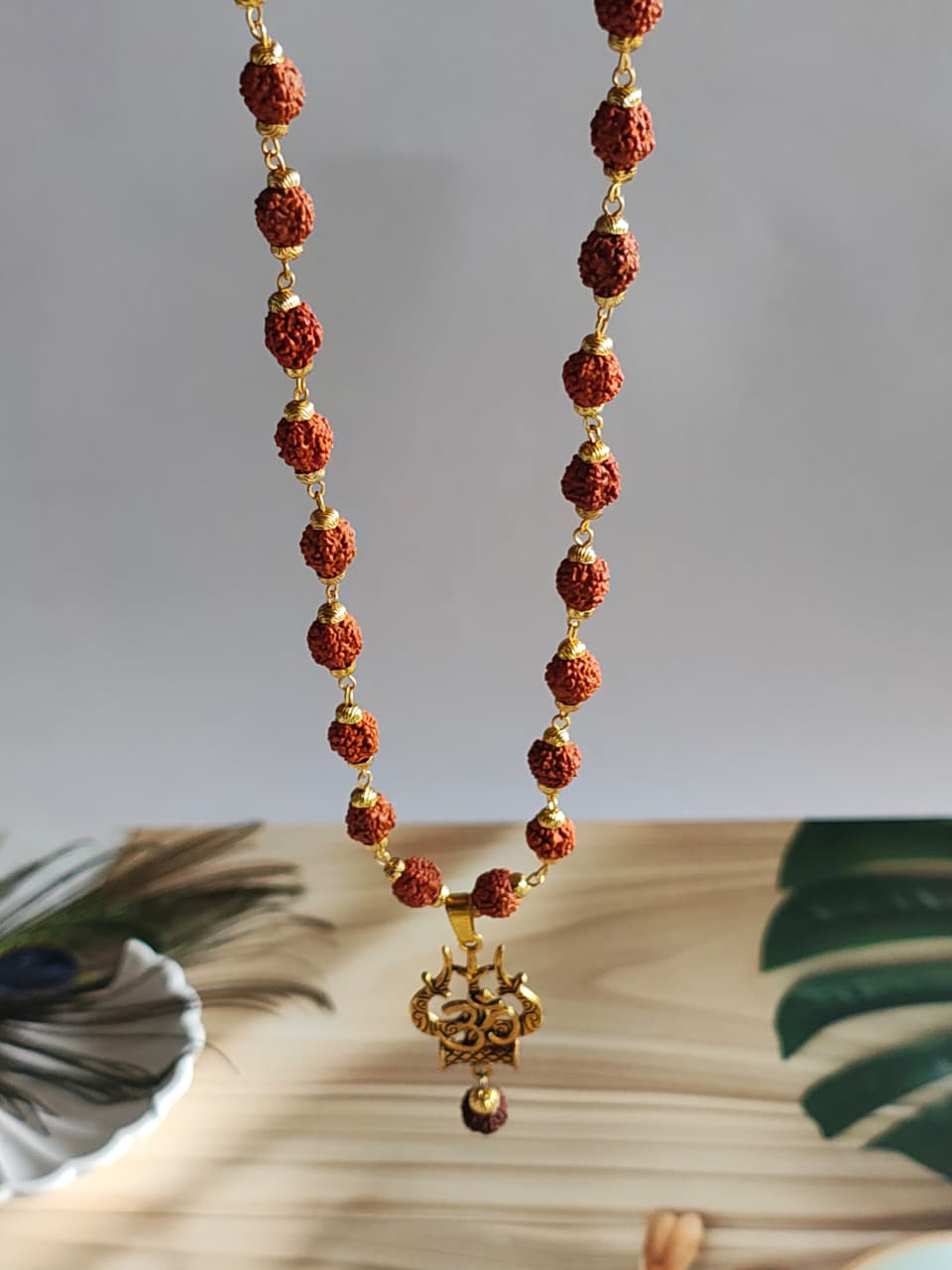 Gold-Plated Rudraksha Trishul with Damru Necklace