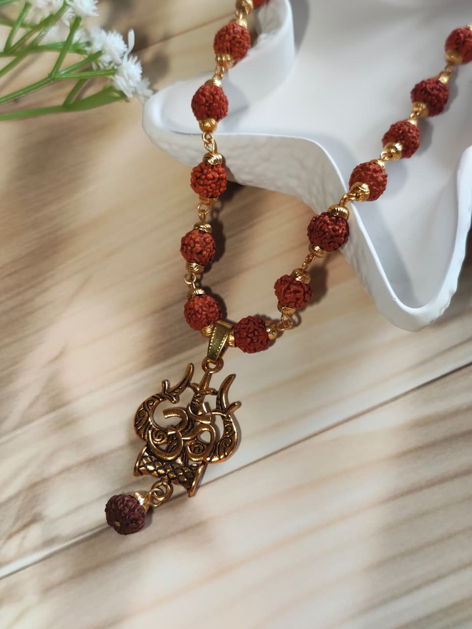 Gold-Plated Rudraksha Trishul with Damru Necklace