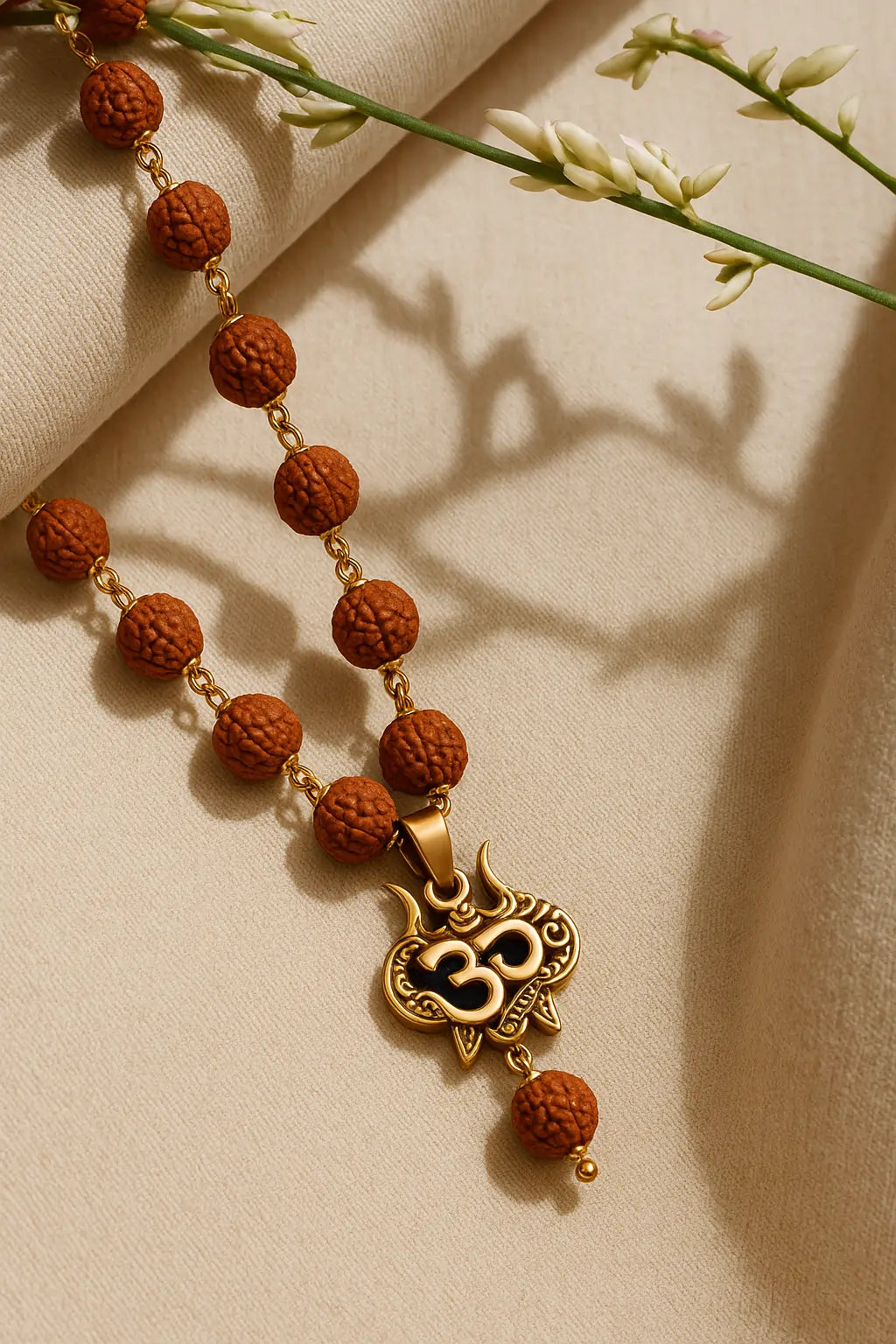 Gold-Plated Om Trishul Rudraksha Mala