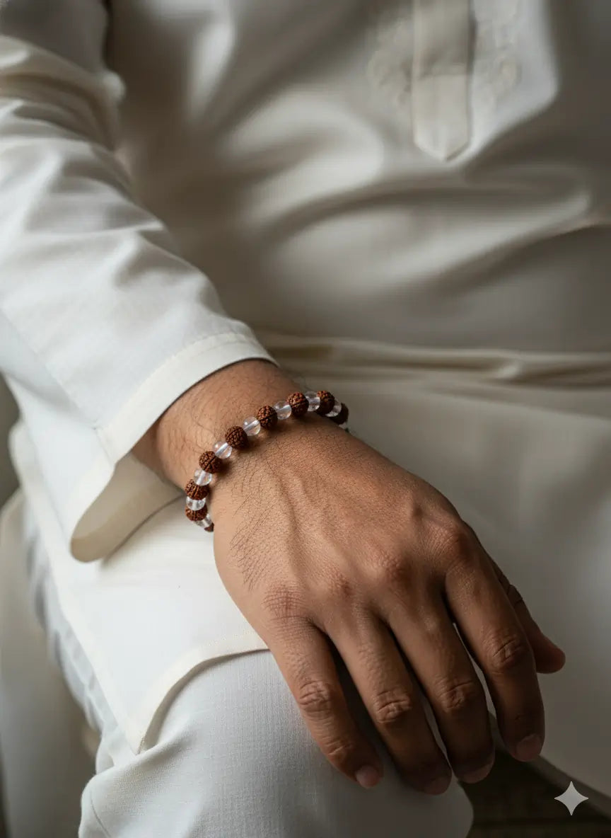 🔱✨ Spiritual Harmony Bracelet – Sphatik & Rudraksha Fusion ✨
