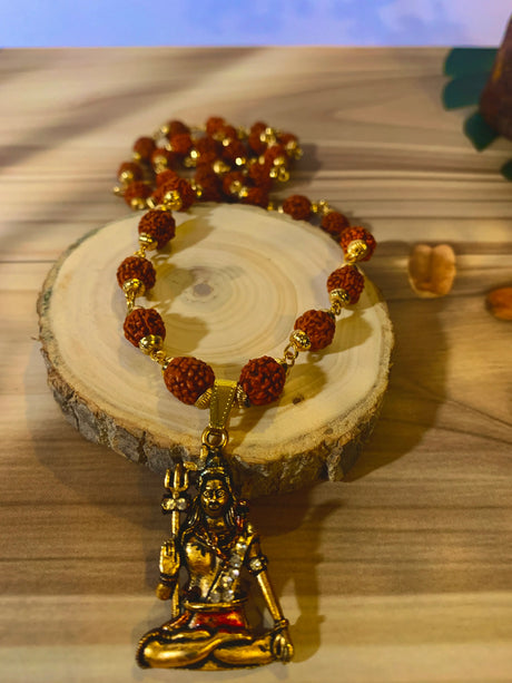 Authentic Rudraksha Mala with Gold-Plated Shivji Pendant