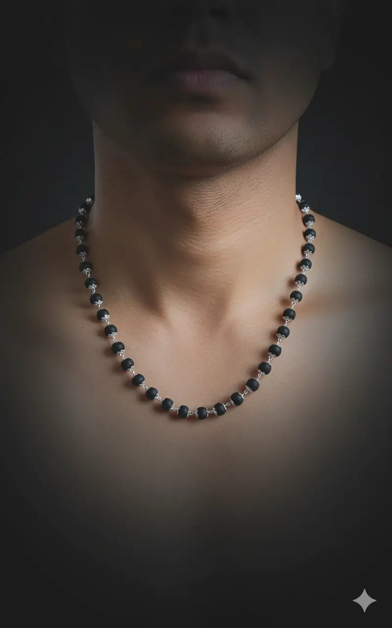 Natural Ebony (Karungali) Mala Necklace with Silver Plating