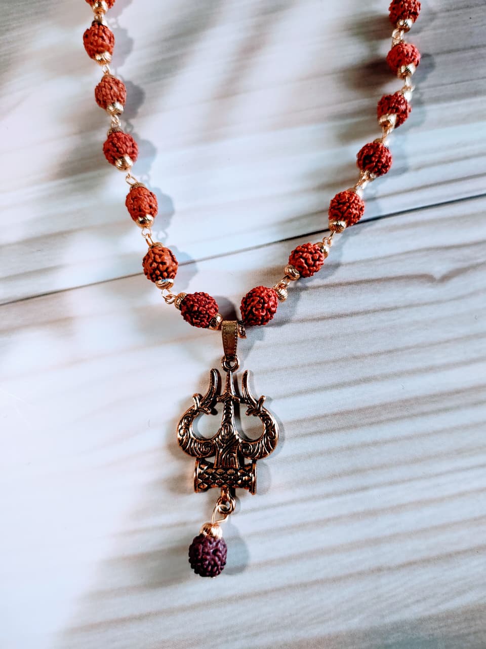 Gold-Plated Rudraksha Trishul with Damru Necklace