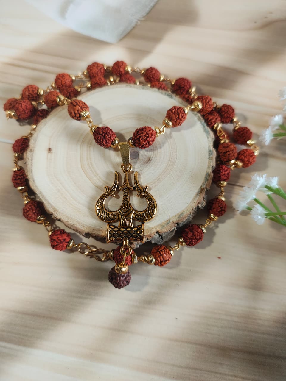 Gold-Plated Rudraksha Trishul with Damru Necklace